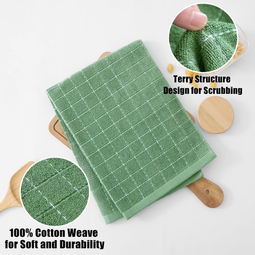 Homaxy 100% Cotton Terry Kitchen Towels(Grass Green, 20 x 28 inches), Checkered Designed, Soft and Super Absorbent Dish Towels, Large 8 Pack