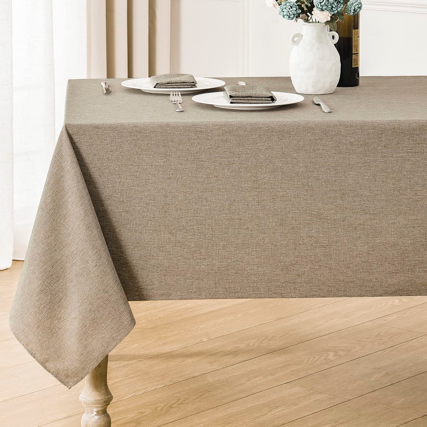 Veblandy Rectangle Tablecloth Linen Textured Waterproof & Stain Resistant Table Cloth Wrinkle Free Decorative Fabric Farmhouse Table Cover for Dining/Party/Buffet/Wedding, 60 x 144 Inch, Mocha