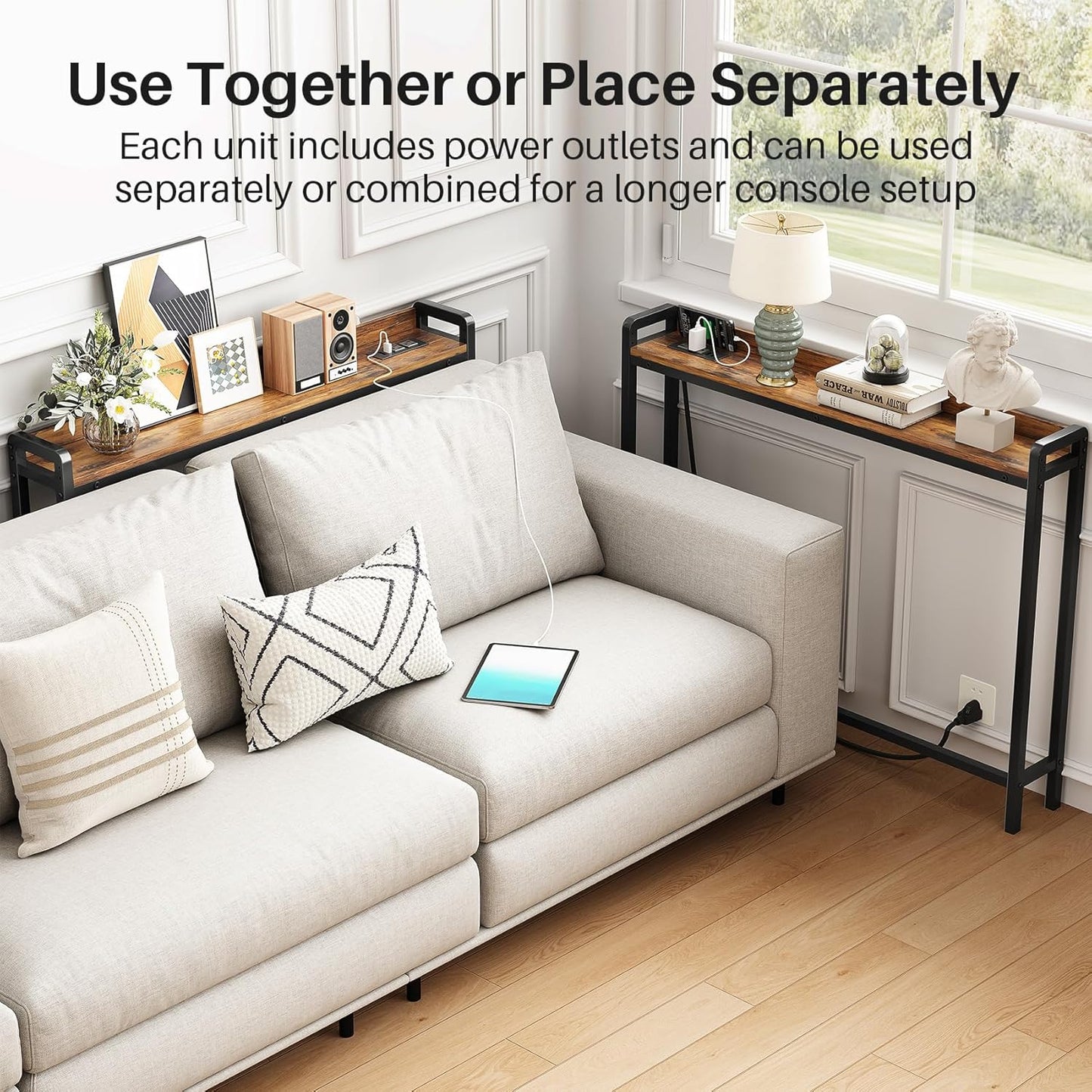 Kitstorack Narrow Entryway Console Table - 2-Pack with Elevated Rear Fence & 2 Power Outlets | 79" Long x 5.9" Wide x 33.3" High, Brown