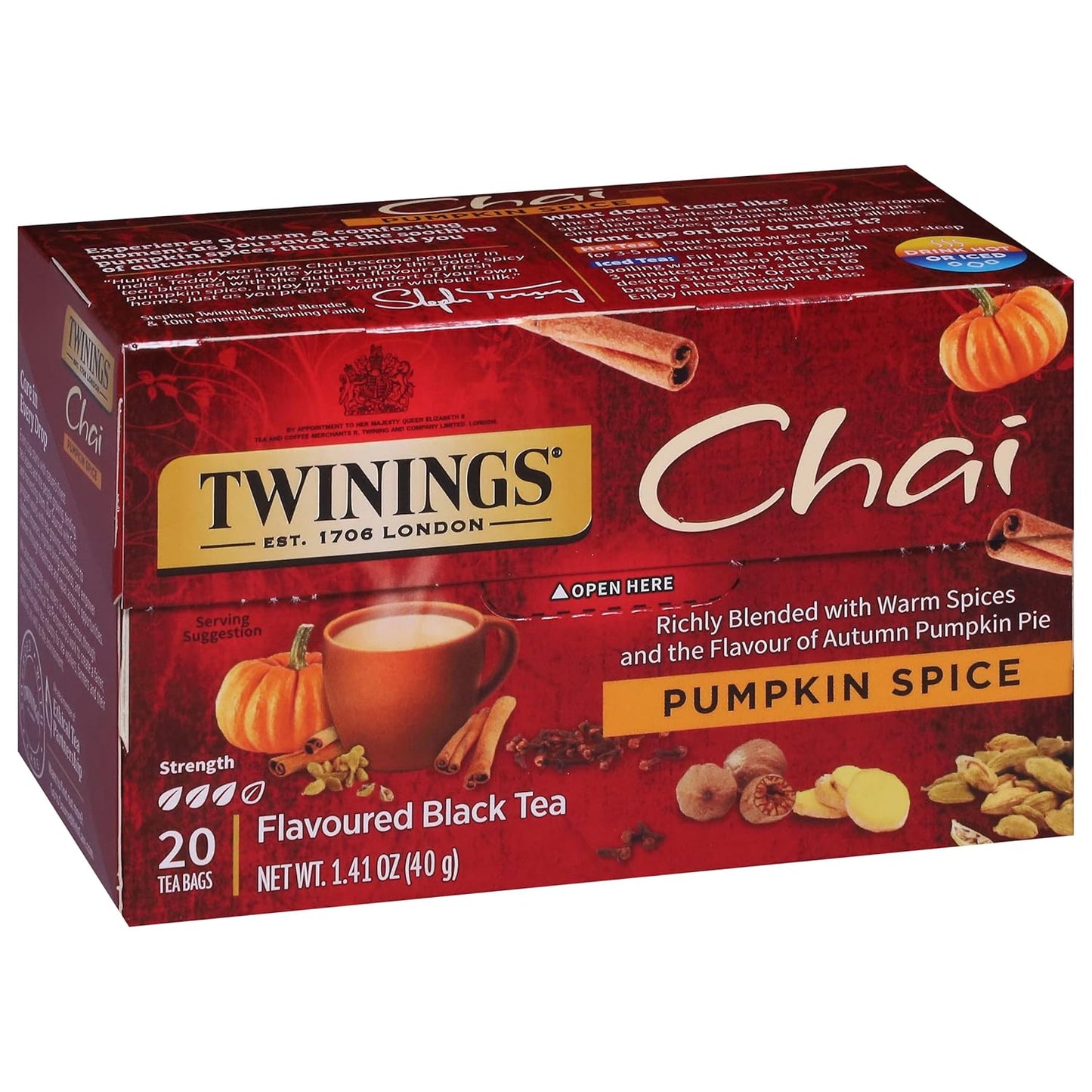 Twinings Pumpkin Spice Chai Black Tea - Warm & Spicy Flavor, 20 Individually Wrapped Bags, Pack of 6