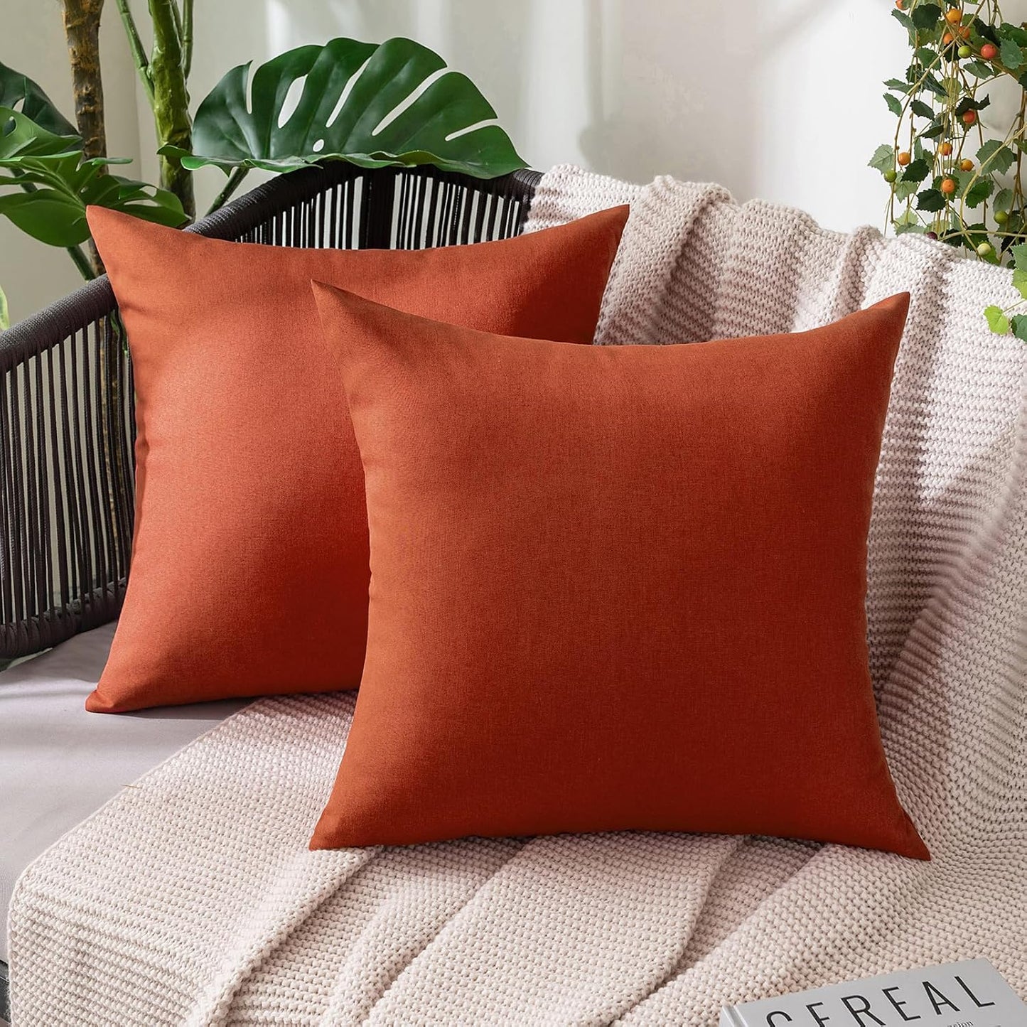 MIULEE Decorative Outdoor Throw Pillow Covers - Waterproof Faux Linen Cushion Cases | 26x26 Inch Burnt Orange (Pack of 2)