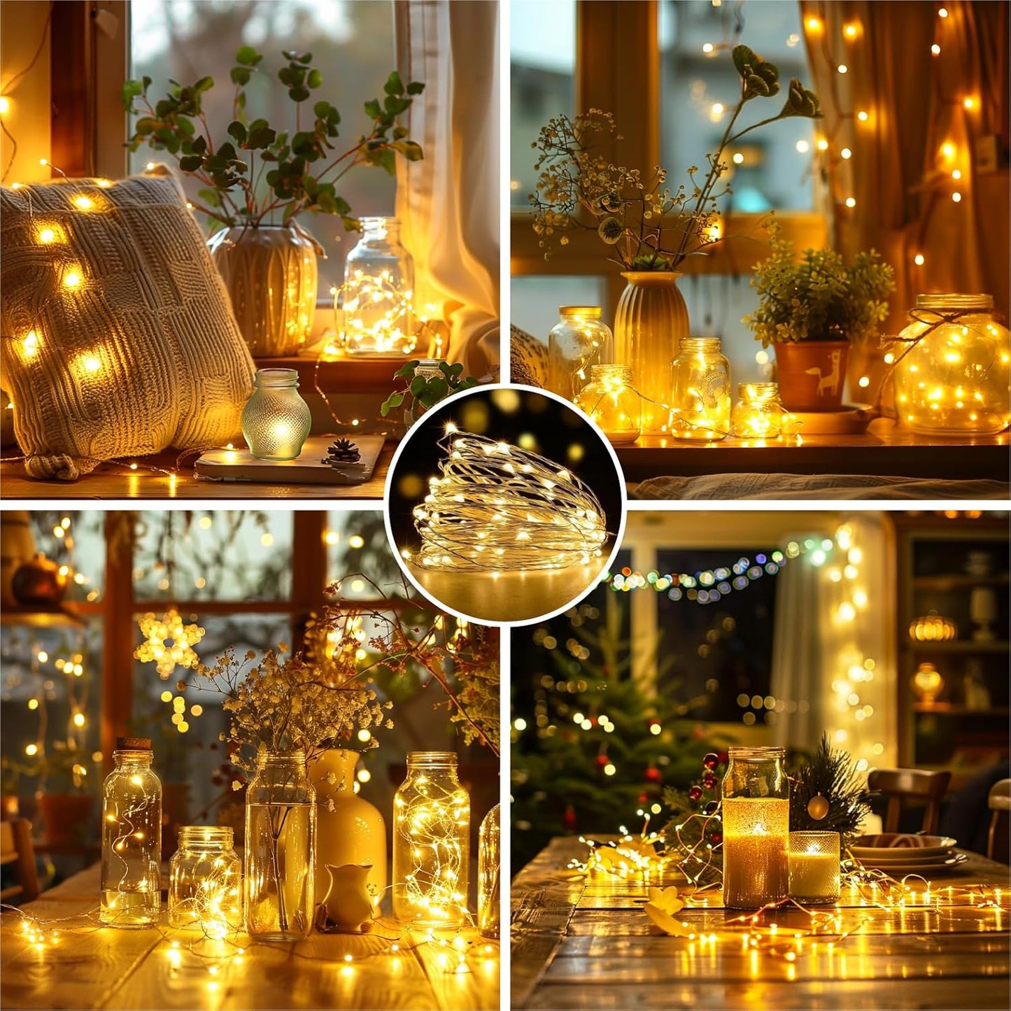 Skiennix 4 Pack Rechargeable Fairy Lights - 16FT 50 LED Indoor String Lights | 8 Modes, Warm White