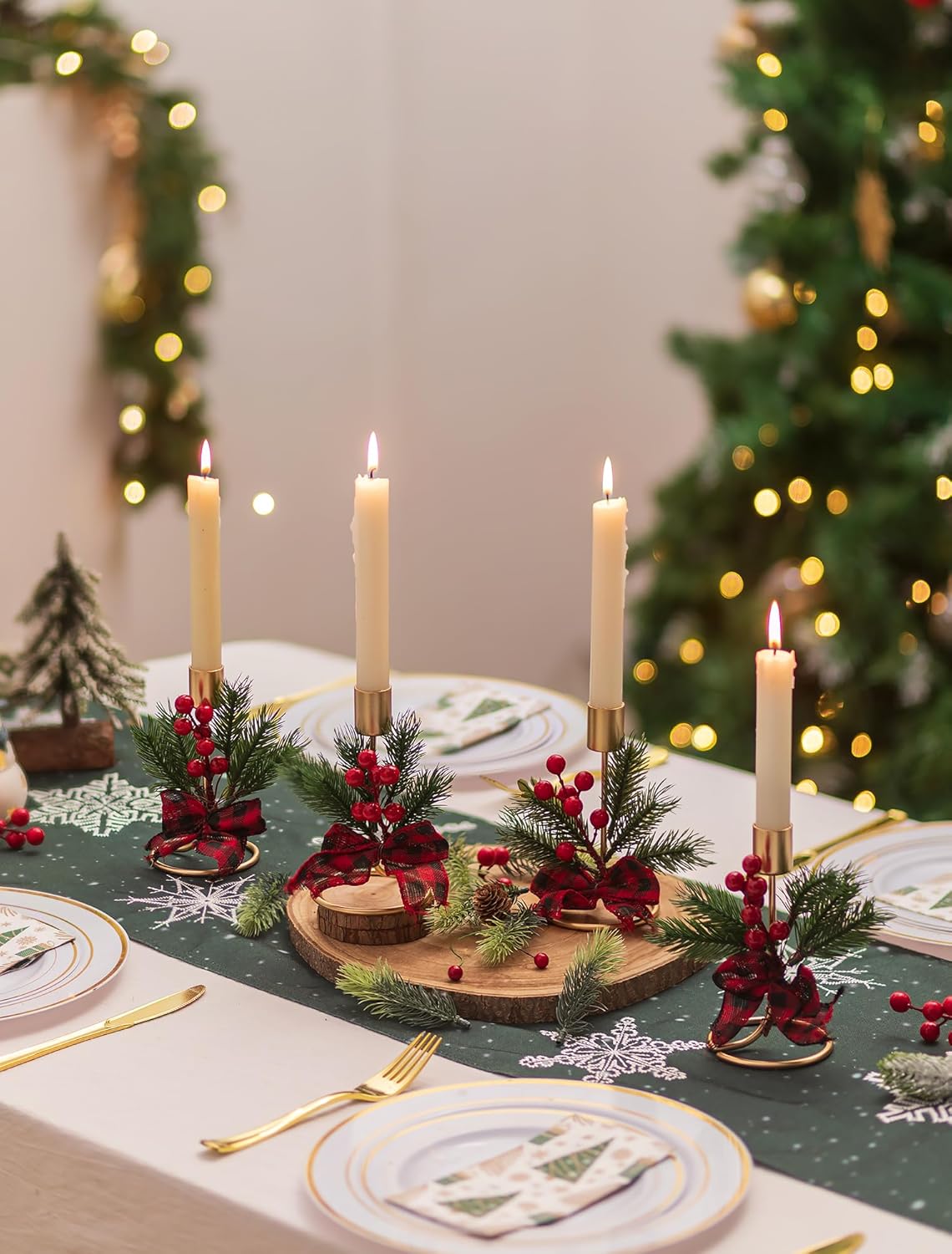 Romadedi Candle Holders - Gold Taper Candlestick Holders with Red Berry Decoration | Set of 2 for Festive Christmas Decor