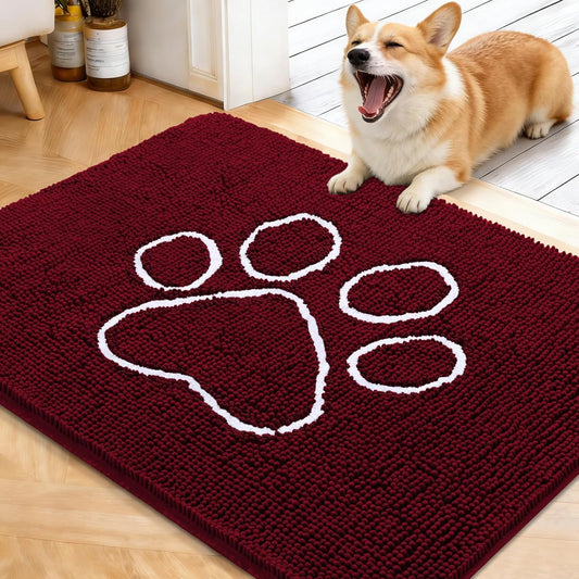 OLANLY Dog Door Mat - Absorbent Non-Slip Mud Mat for Paws | 40x32 Paw Print Design in Burgundy