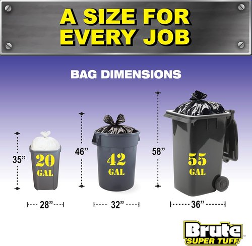 Brute Super Tuff Heavy Duty Contractor Bags - 42 Gallon, Black, 20 Count with Twist Tie Closure