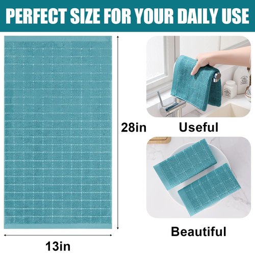Homaxy 100% Cotton Terry Kitchen Towels(Lake Blue, 13 x 28 inches), Checkered Designed, Soft and Super Absorbent Dish Towels, 6 Pack