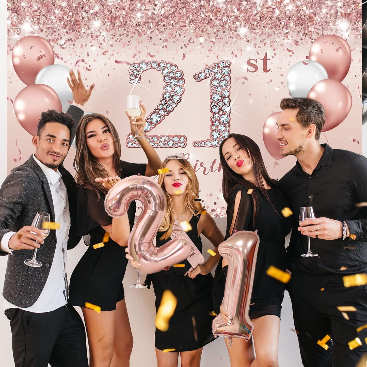 Trgowaul 21st Birthday Decorations - Rose Gold Banner, Sash, Crown & Cake Topper Set | Pink Balloons