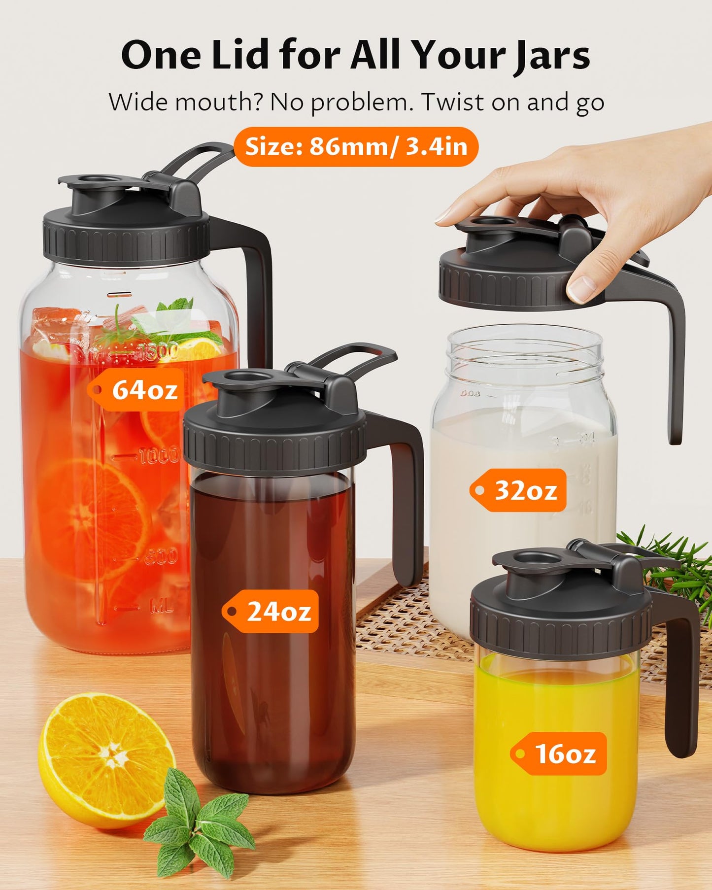 2-Pack Wide Mouth Mason Jar Pour Spout Lids with Handle, Leak-Proof Flip Cap, Airtight Lids for 86mm Mason Jars Pitcher, Perfect for Beverages, Syrups, and Food Storage