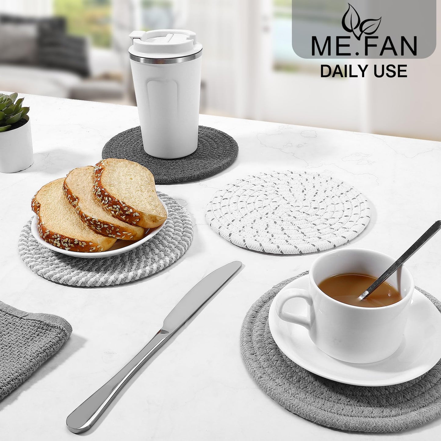 ME.FAN 8 Inch Trivets for Hot Dishs, 8 Set Cotton Thread Weave Trivets for Hot Pans, Potholders, Large Coasters, Hot Pads, Hot Mats to Protect Desktop & Countertop, Kitchen Essentials Grey