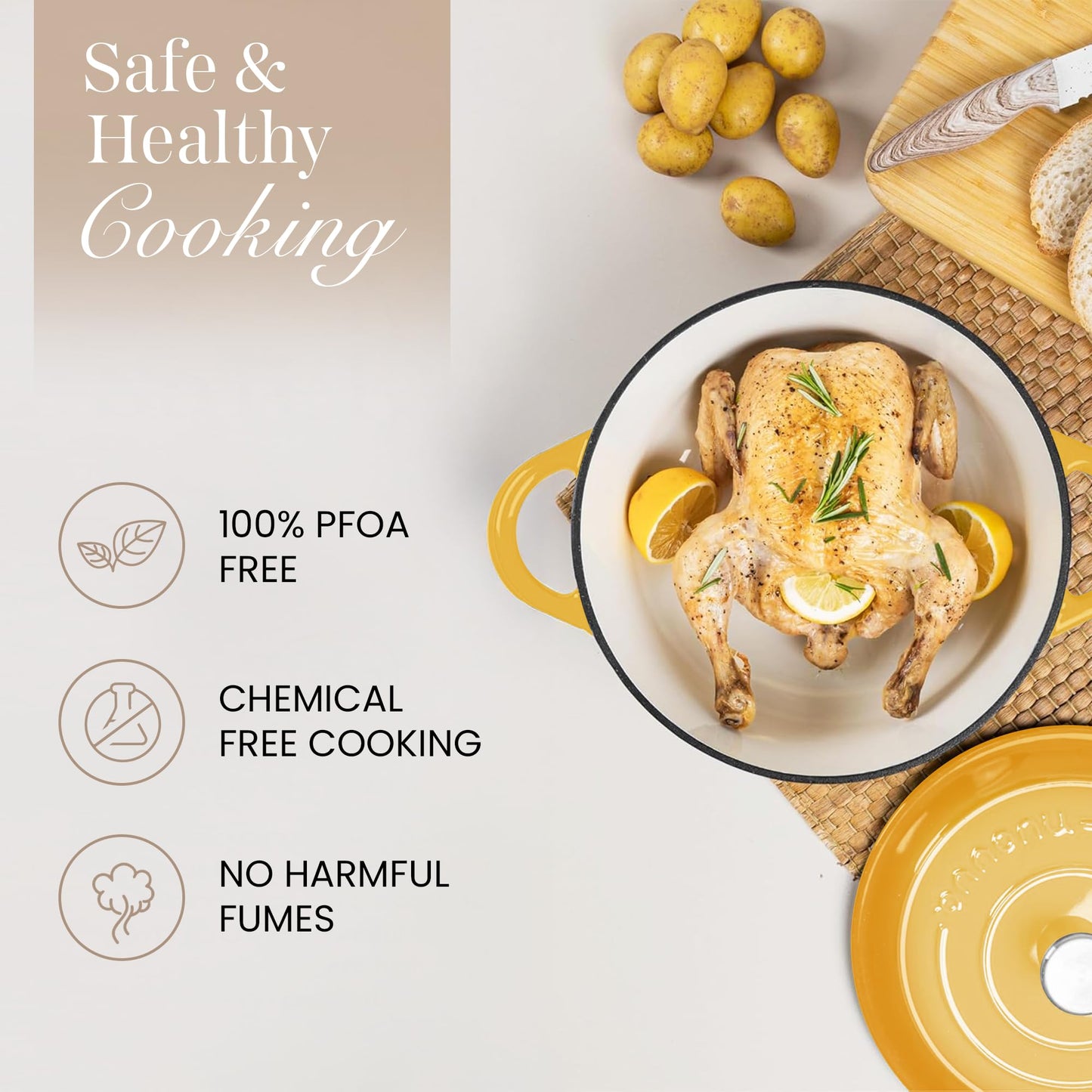 Nuovva Enamelled Cast Iron Dutch Oven Pot with Lid 6.4 Quart Non Stick Casserole Pot – Heavy Duty & Oven Safe up to 500° F for Bread Baking, Braising, Stews, Roasting – 28cm Yellow