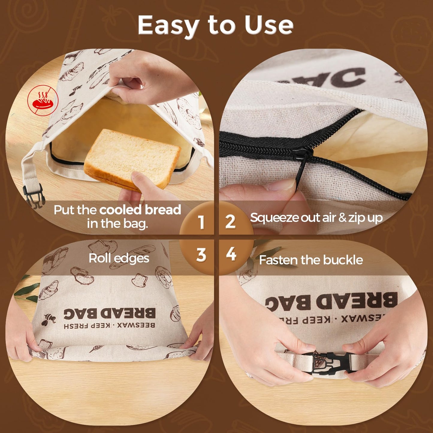 YARRAMATE Beeswax Bread Bags for Homemade Sourdough, Zipper Reusable Linen Food Storage Bags to Keep Loaf Fresh, Large Freezer Safe and Eco Friendly Bread Containers (Brown, 17x13", 2 Pack)