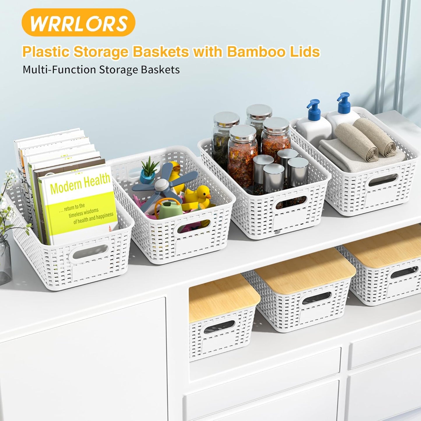 Skiennix Plastic Storage Baskets - Stackable Containers with Bamboo Lids & Labels, 6-Pack White