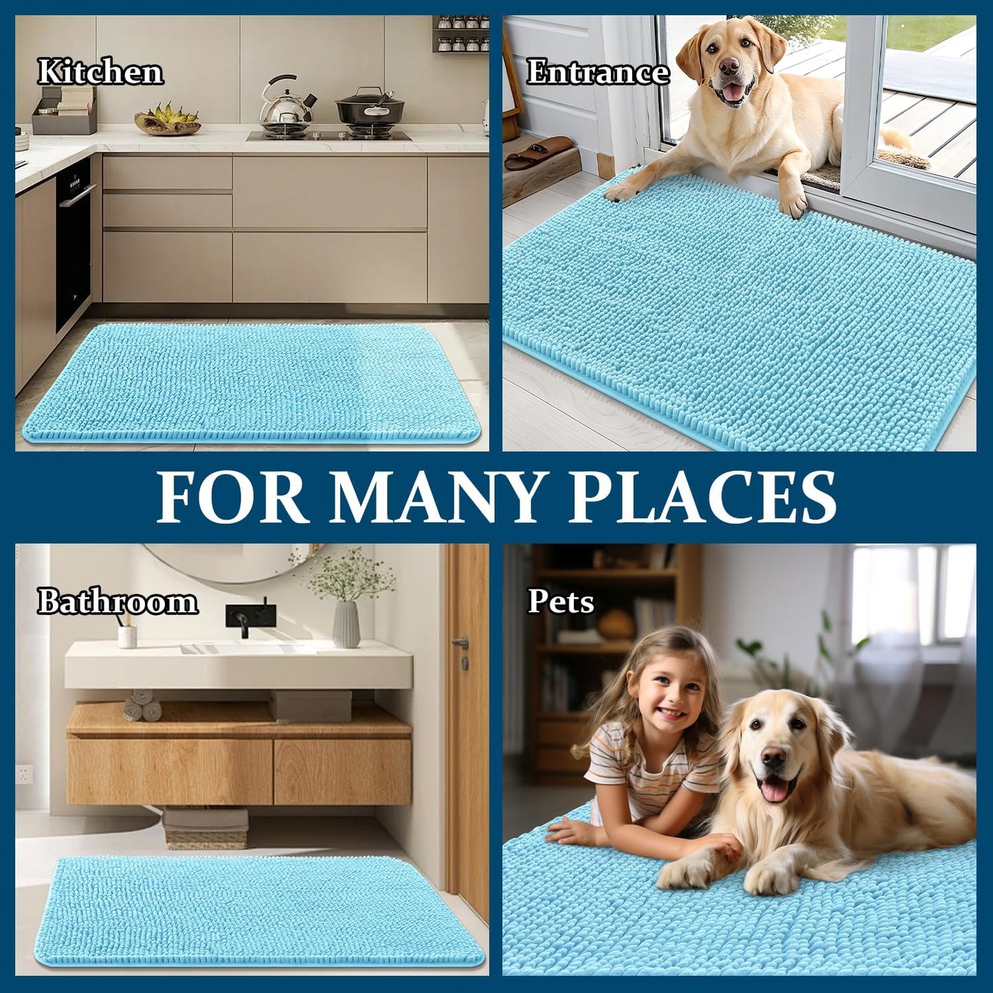 OLANLY Dog Door Mat - Absorbent Non-Slip Washable Doormat for Muddy Paws | 30x20 Blue Chenille Carpet