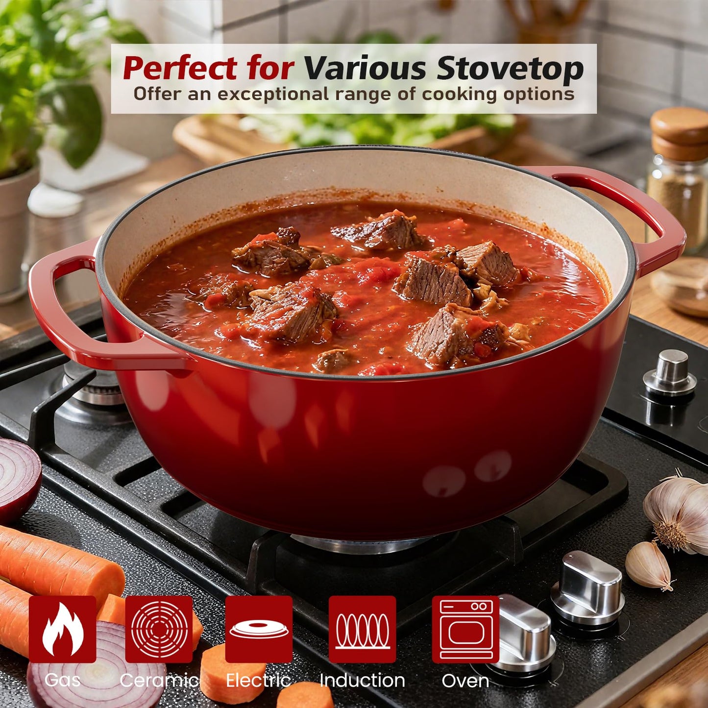 Umite Chef 6QT Enameled Cast Iron Dutch Oven with Lid, Versatile Heavy-Duty Cookware Pot for Baking Bread, Braising, Soups & Stews, Oven & Stovetop Safe with Heat Resistant Gloves（Red）