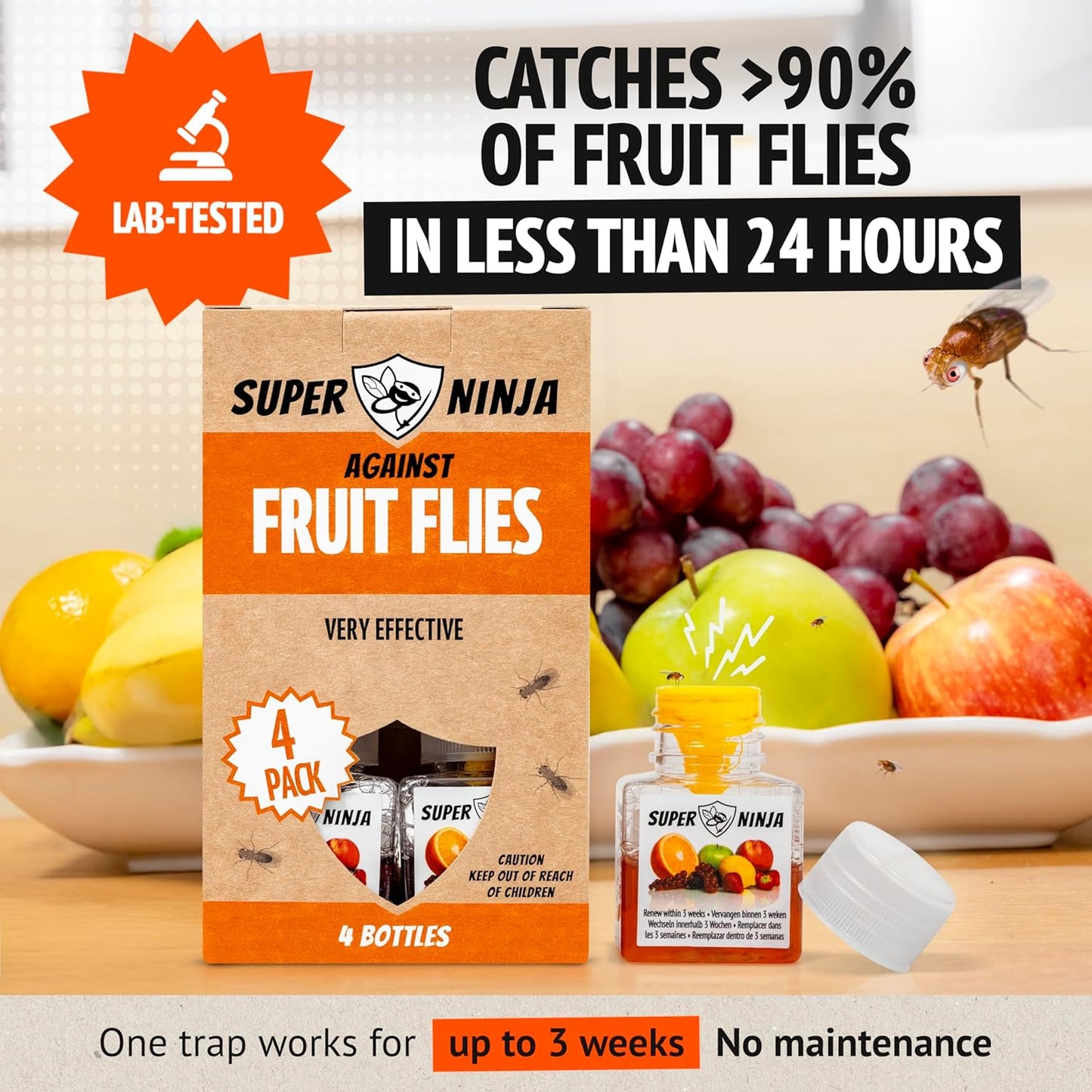 Super Ninja Fruit Fly Traps - Highly Effective Indoor Fruit Fly Catcher | 4 Pack, Kid & Pet Friendly
