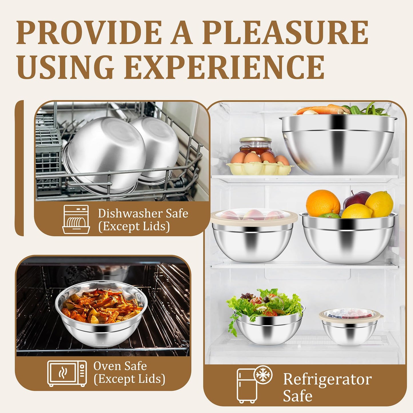P&P CHEF Mixing Bowls with Visible Airtight Lids Set of 5, 10-Piece Stainless Steel Mixing Nesting Bowl, Metal Bowl with Lid for Kitchen Prepping & Storing, Size 4.6, 3, 1.5, 1, 0.7 QT, Khaki