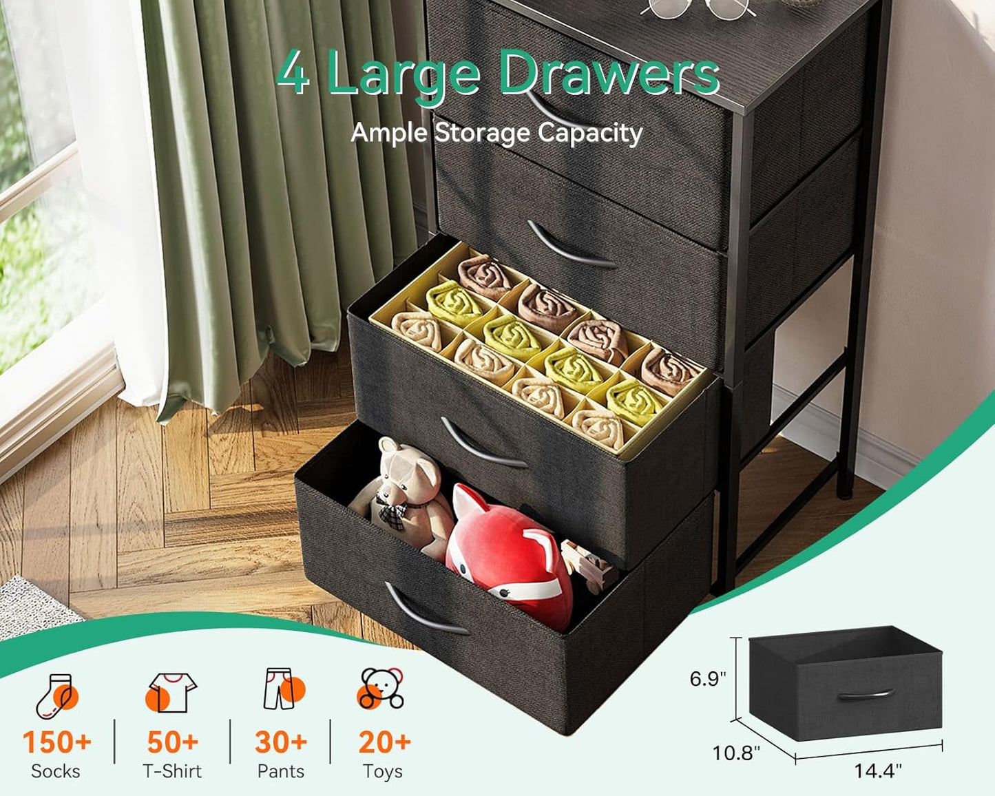 AODK Dresser - 4 Drawer Fabric Chest with Sturdy Steel Frame - Stylish Black Bedroom Storage