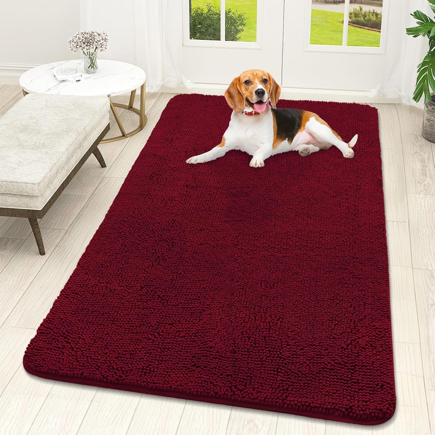 OLANLY Dog Door Mat - Absorbent Non-Slip Chenille for Muddy Paws | 59x32, Quick Dry Indoor Entryway Carpet, Burgundy