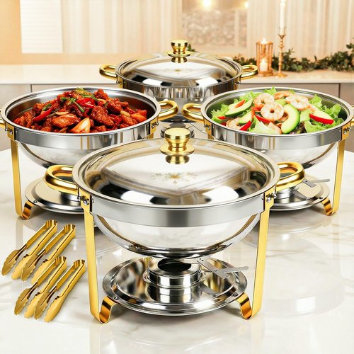 ALSO GO Round Chafing Dishes for Buffet 4 Pack, 6QT Chafing Dishes Buffet Set Gold, Catering Food Warmer for Parties Buffet with Full Size Chafing Pans, Stainless Steel Warming Trays for Thanksgiving
