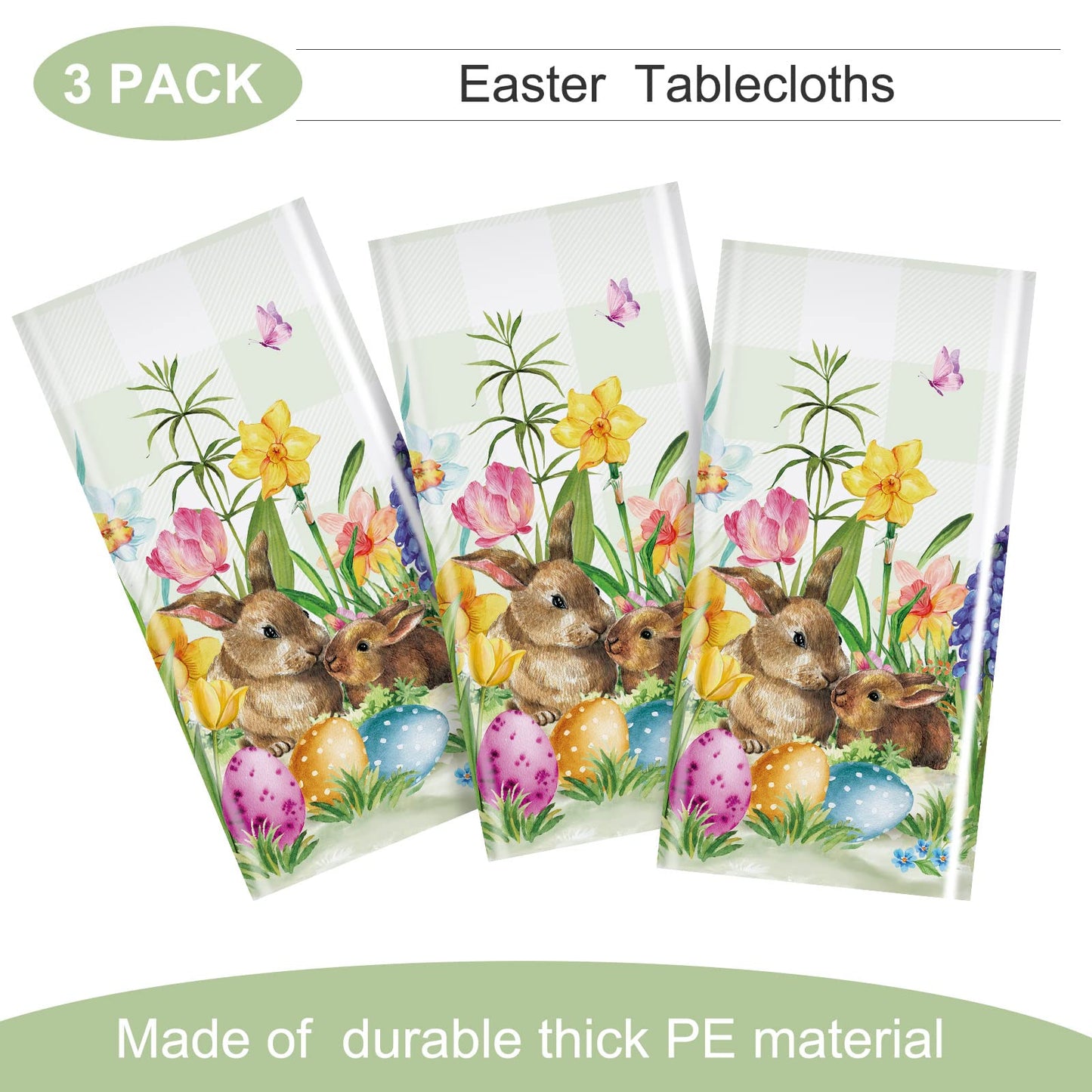 Riakrum 3 Pcs Easter Tablecloth Rectangle Plastic Bunny Eggs Table Cover Floral Table Cloth for Happy Easter Spring Holiday Party Decoration and Supplies, 54 x 108 Inch (Floral Bunny)