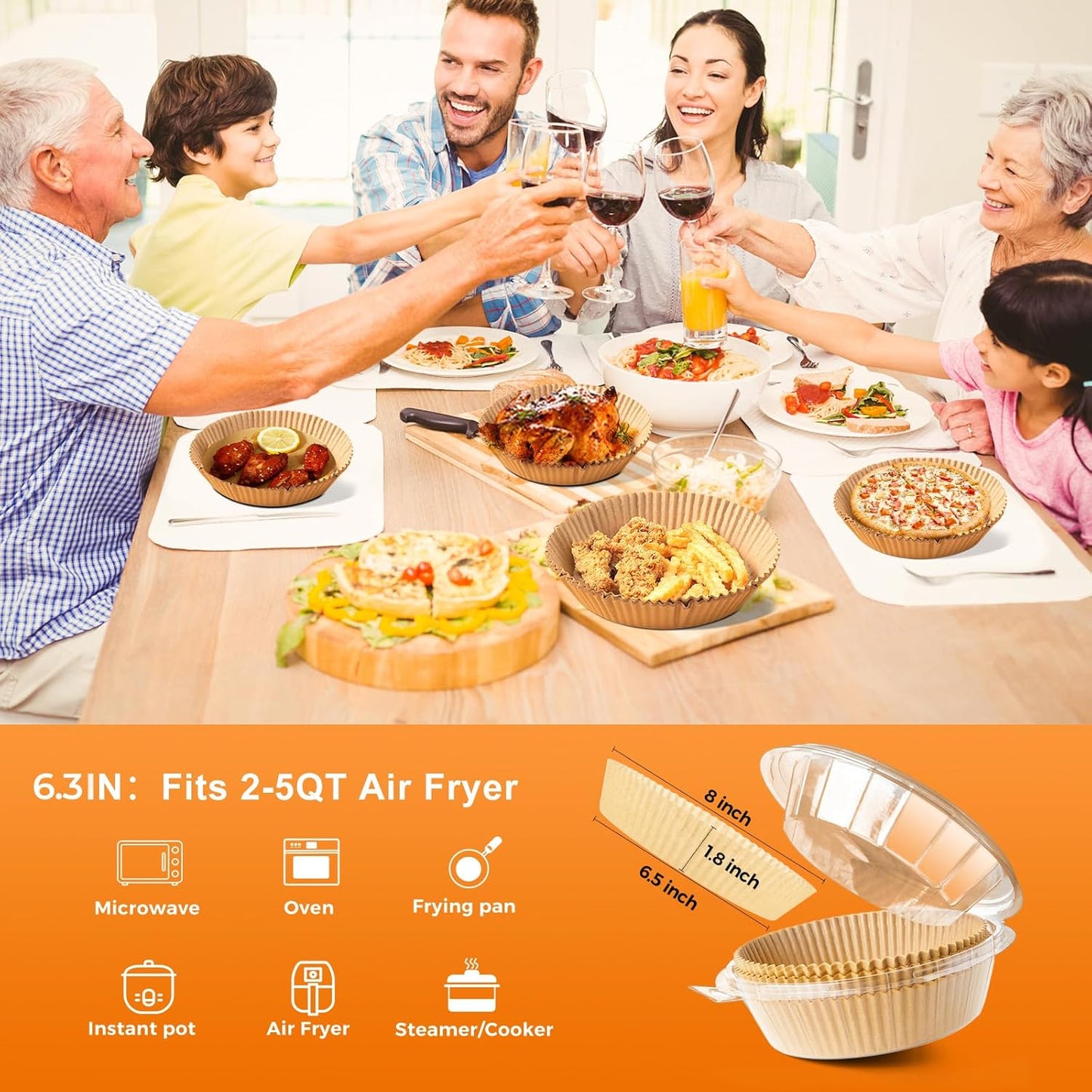 Najia Air Fryer Liners - 50 PCS Disposable Parchment Sheets | 6.3 Inch Round, Oil-Proof for 2-4 Qt Baskets