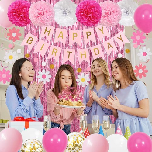 Happy Birthday Party Decorations Kit by Pink Red | Complete Set with Banner, Balloons, Pompoms & More