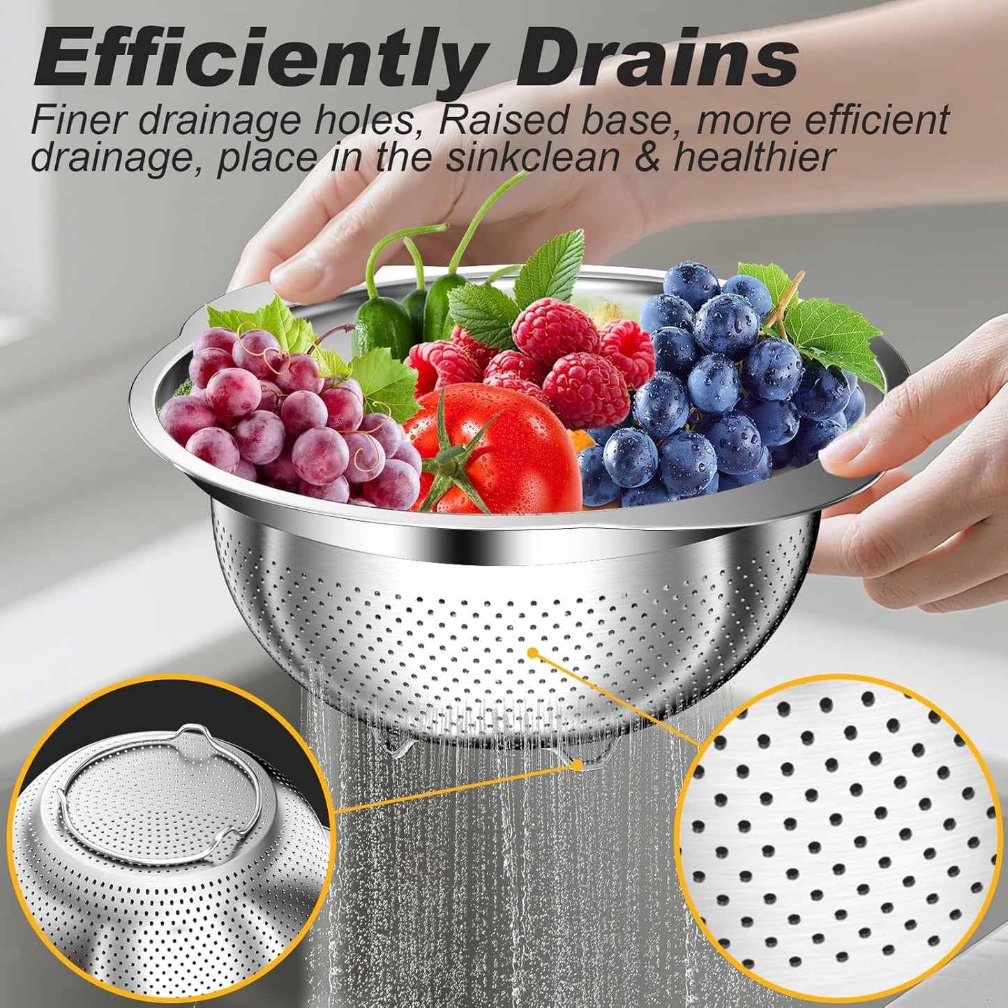Stainless Steel Colander Set by [Brand Name] - 3-Piece Kitchen Strainer with Handles | Perfect for Pasta, Vegetables & Fruits (2QT, 3QT, 5QT)