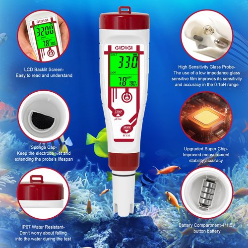 Aquarium Salinity pH Meter,Digital Pool Salt Tester,Simultaneously Display 5 in 1 PPM pH EC Reader Water Quality Tester for Pool, Aquaponics,Koi Pond, Coral Reef Tank