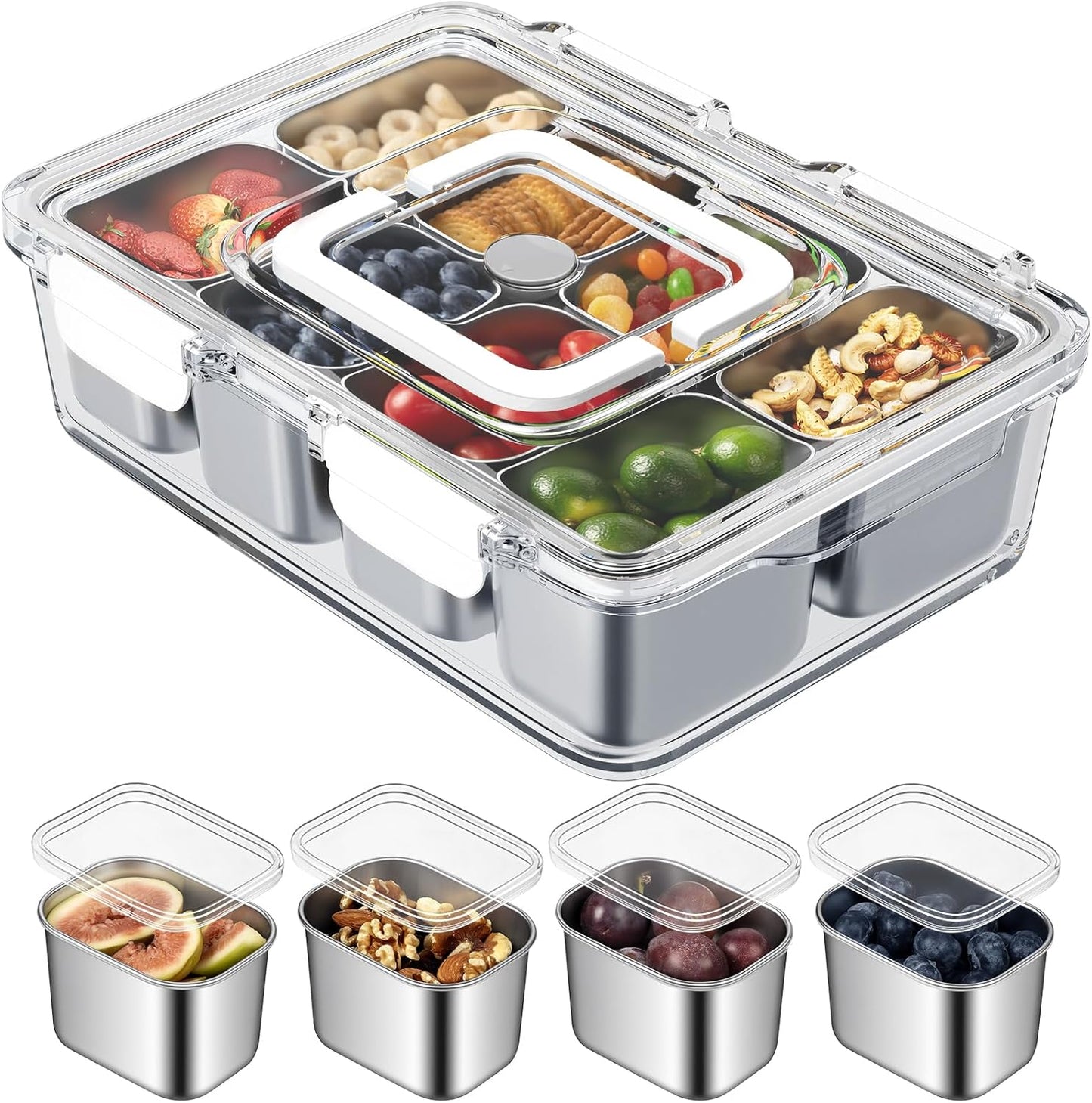 Snackle Box Stainless Steel Snack Container - 8-Compartment Serving Tray with Lid & Handle for Travel