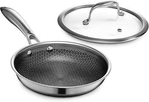 HexClad Hybrid Nonstick 8-Inch Frying Pan - Tempered Glass Lid & Stay-Cool Handle | Oven-Safe & Induction Ready