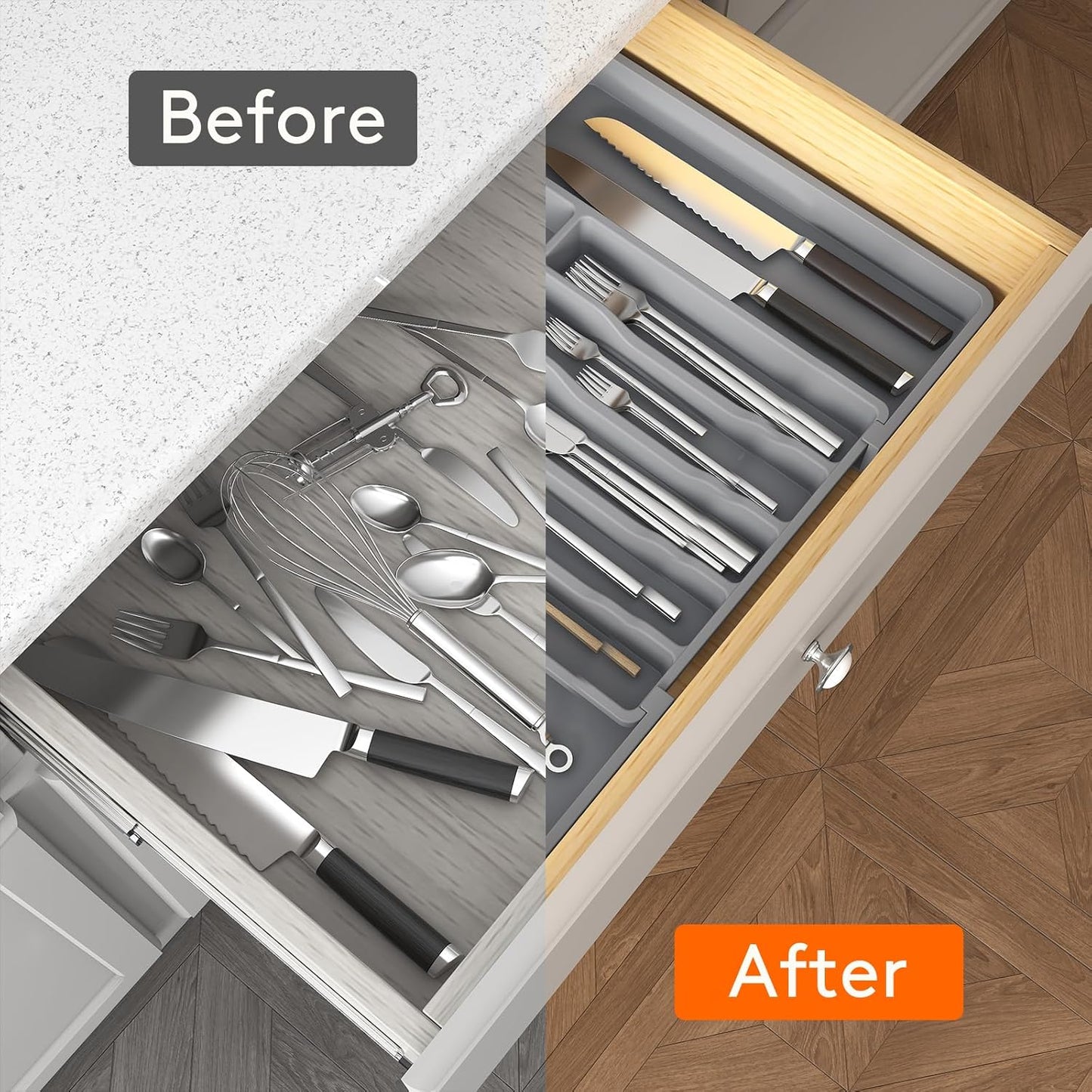 Lifewit Expandable Silverware Organizer - BPA-Free Utensil Tray for Kitchen | Adjustable Cutlery Holder, Gray (33-57 x 42cm)