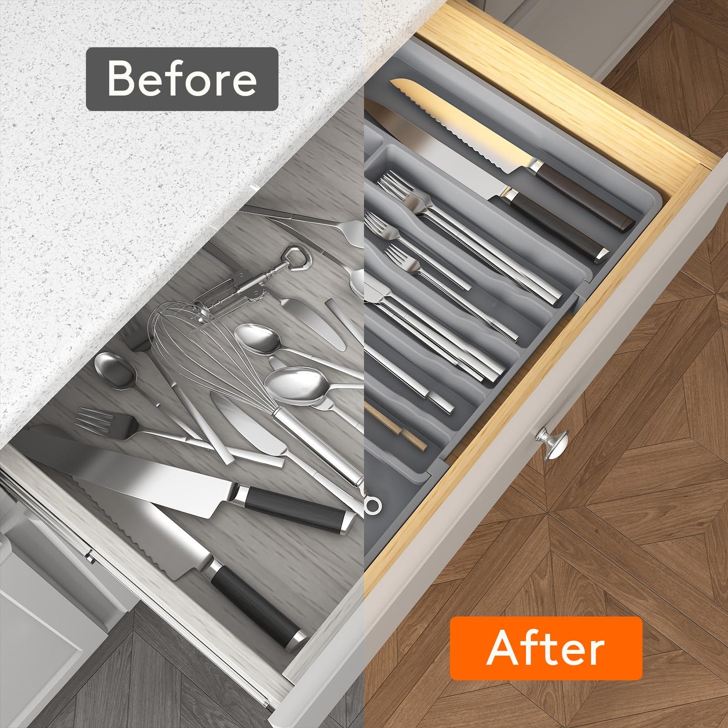 Lifewit Silverware Drawer Organizer, Expandable Utensil Tray for Kitchen, BPA Free Flatware and Cutlery Holder, Adjustable Plastic Storage for Spoons Forks Knives, 33 -57 x 42cm, Gray
