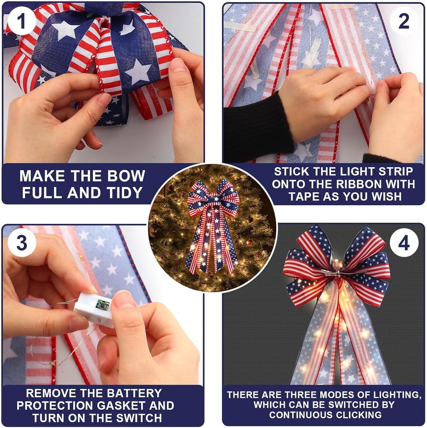 LED 4th of July Bows - Patriotic Burlap Bow with American Flags & Lights | Perfect for Wreaths & Front Door Decor