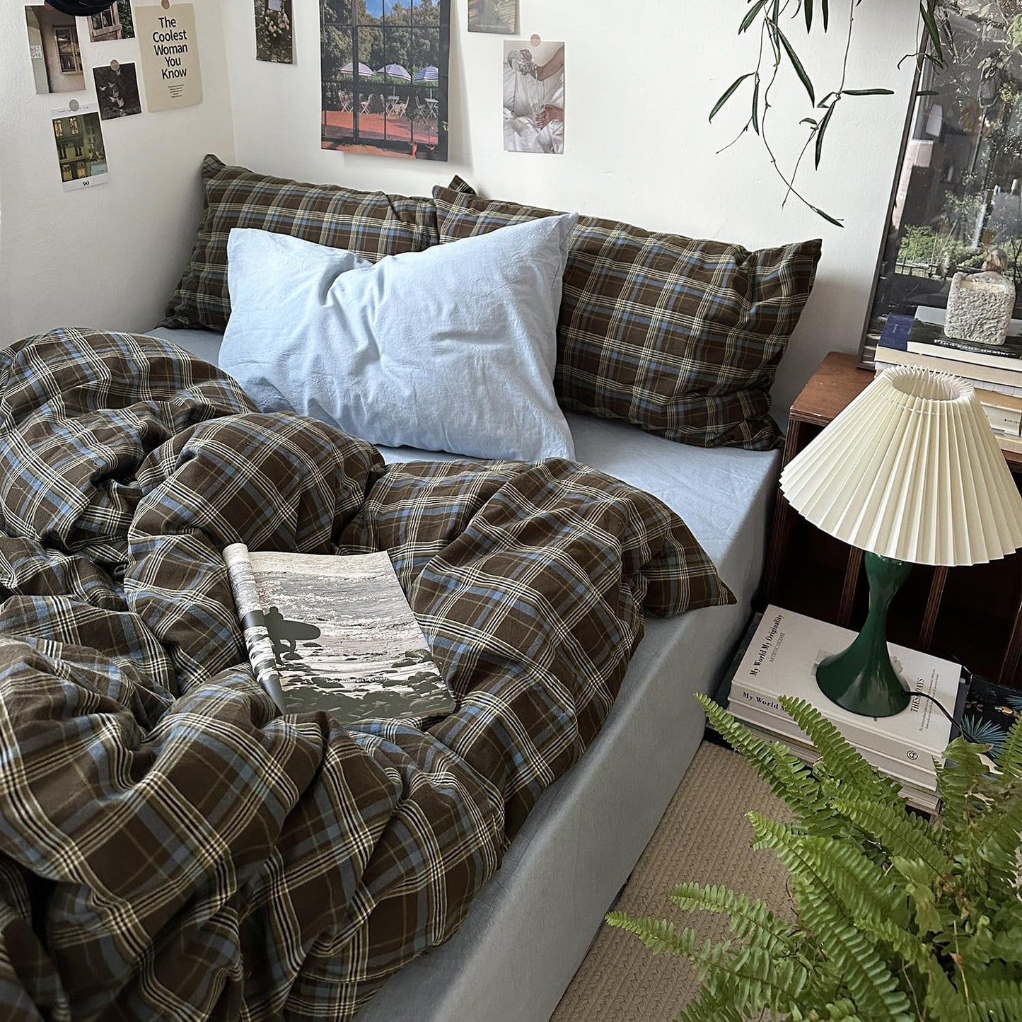 Mixinni Vintage Buffalo Plaid Duvet Cover Set | Soft & Breathable 3-Piece Queen Size Bedding in Brown & Blue