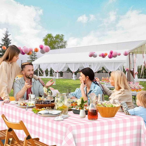 6 Pcs Pink Gingham Tablecloth Pink Disposable Plastic Checkered Table Cloths for Parties Disposable, Waterproof Rectangular Pink & White Table Cover for Camping, Birthday, Party, Picnic 54 × 108 Inch