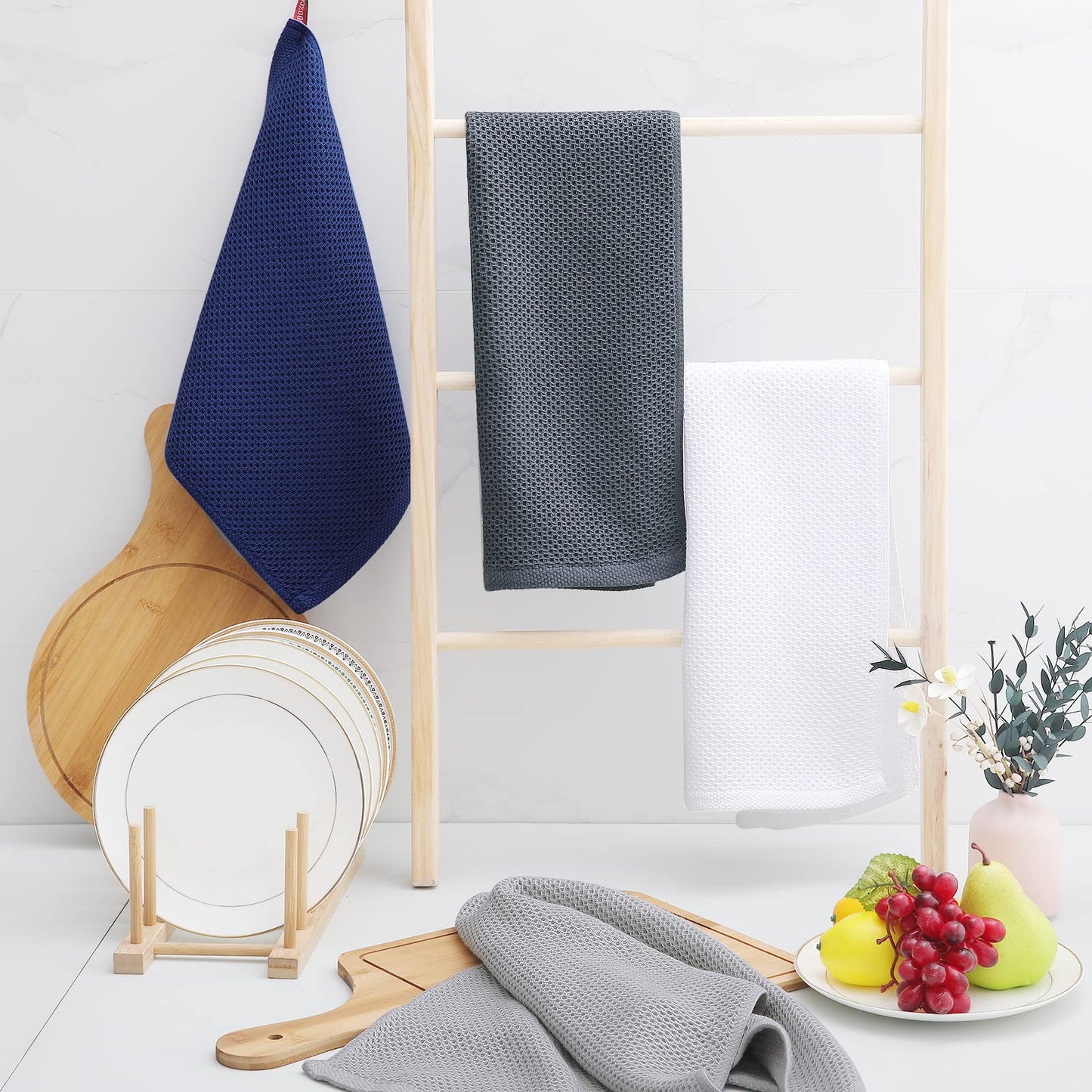 Homaxy 100% Cotton Waffle Weave Kitchen Dish Towels, Ultra Soft Absorbent Quick Drying Cleaning Towel, 13 x 28 Inches, 4-Pack, Light Gray