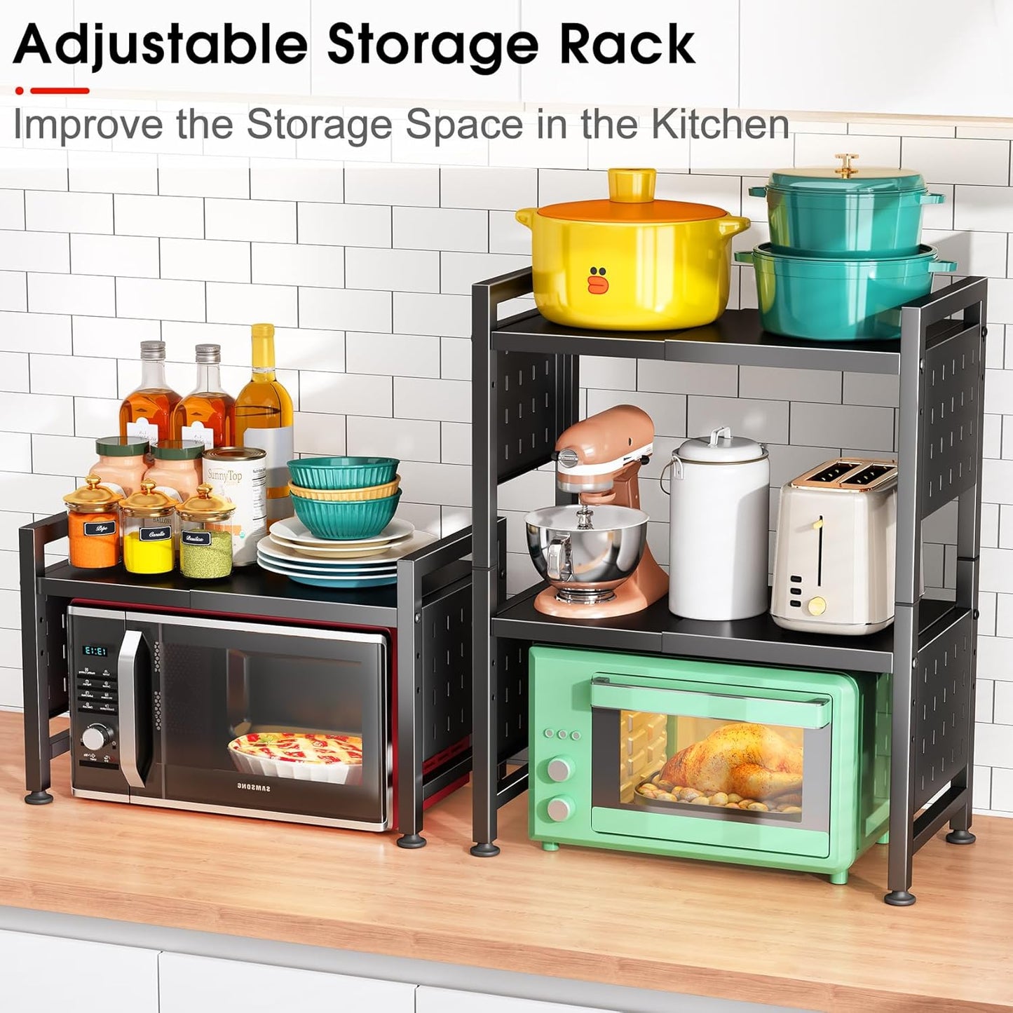Microwave Stand - 3-Tier Expandable Heavy Duty Adjustable Shelf | Kitchen Organizer with Hooks & Cutting Board Holder, Black