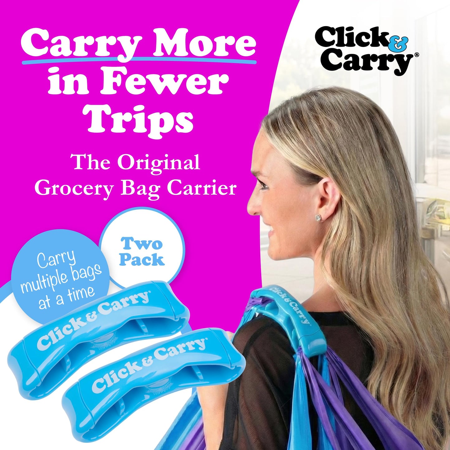 Click & Carry Grocery Bag Carrier Handle - Carry More in Fewer Trips, 100lb Capacity, Hands-Free, Gel-Padded Ergonomic Design, Shopping & Grocery Bag Holder - As Seen On Shark Tank, Blue, 2 Pack