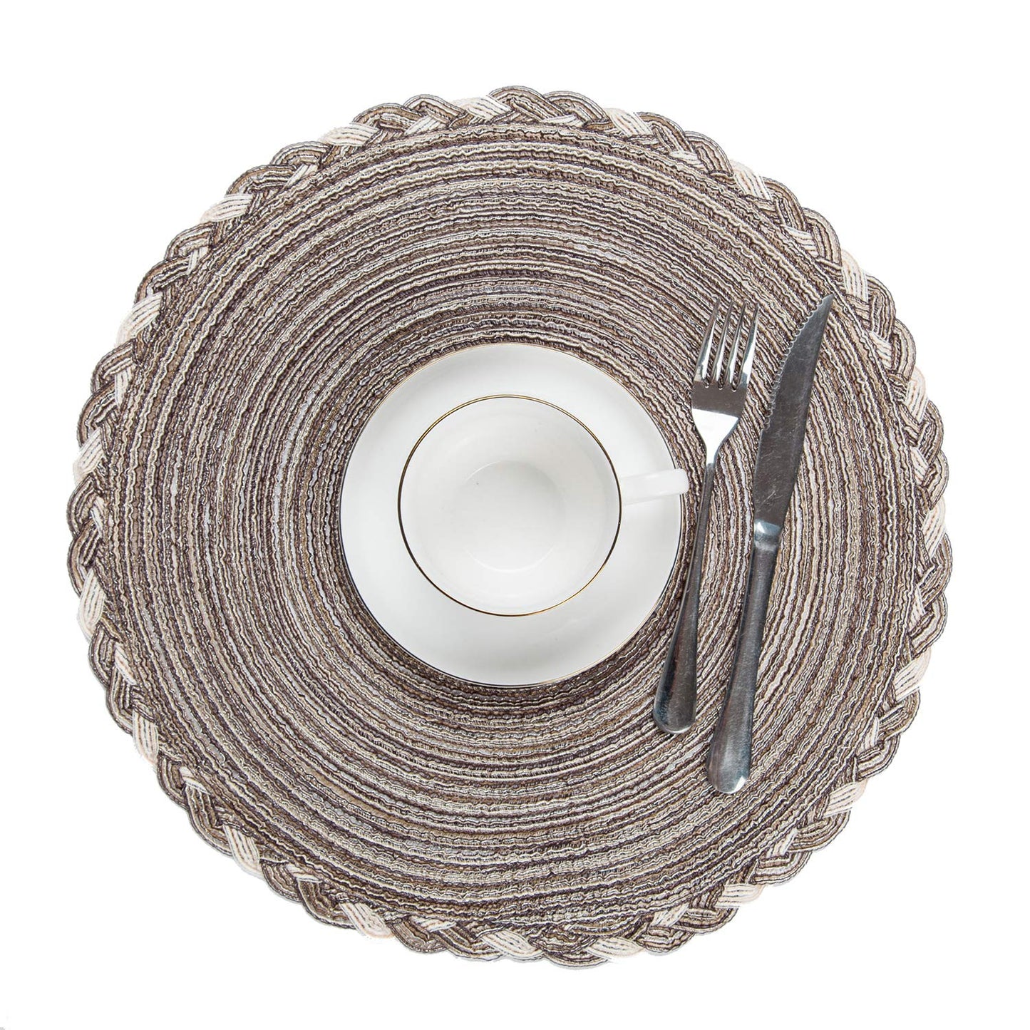 SHACOS Round Placemats Set of 4 Braided Glitter Round Table Placemats 15 inch for Wedding Holiday Party (Multicolor-Light Coffee, 4)