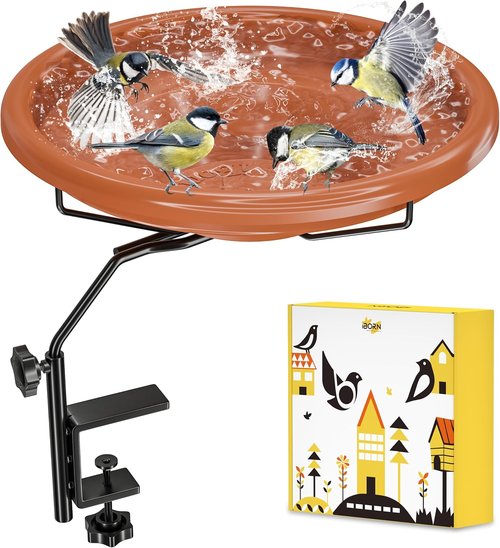iBorn Bird Bath - Outdoor Deck Mounted 12-Inch BPA-Free Bowl with Adjustable Clamp & 360° Swivel