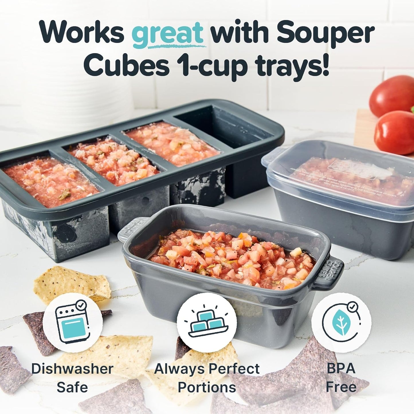 Souper Cubes Stoneware - Small 5" x 3" Ceramic Baking Dish Set with Silicone Covers | Perfect for Reheating Single Servings - Charcoal