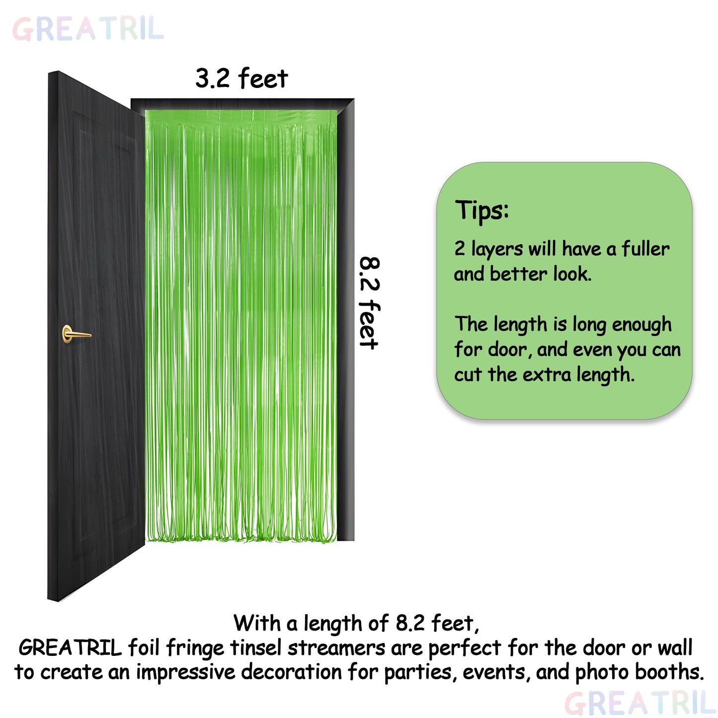 Lime Green Streamers Party Backdrop - GREATRIL Tinsel Curtain for St Patrick's Day/Frog/Wizard - 3.2ft X 8.2ft - 2 Packs