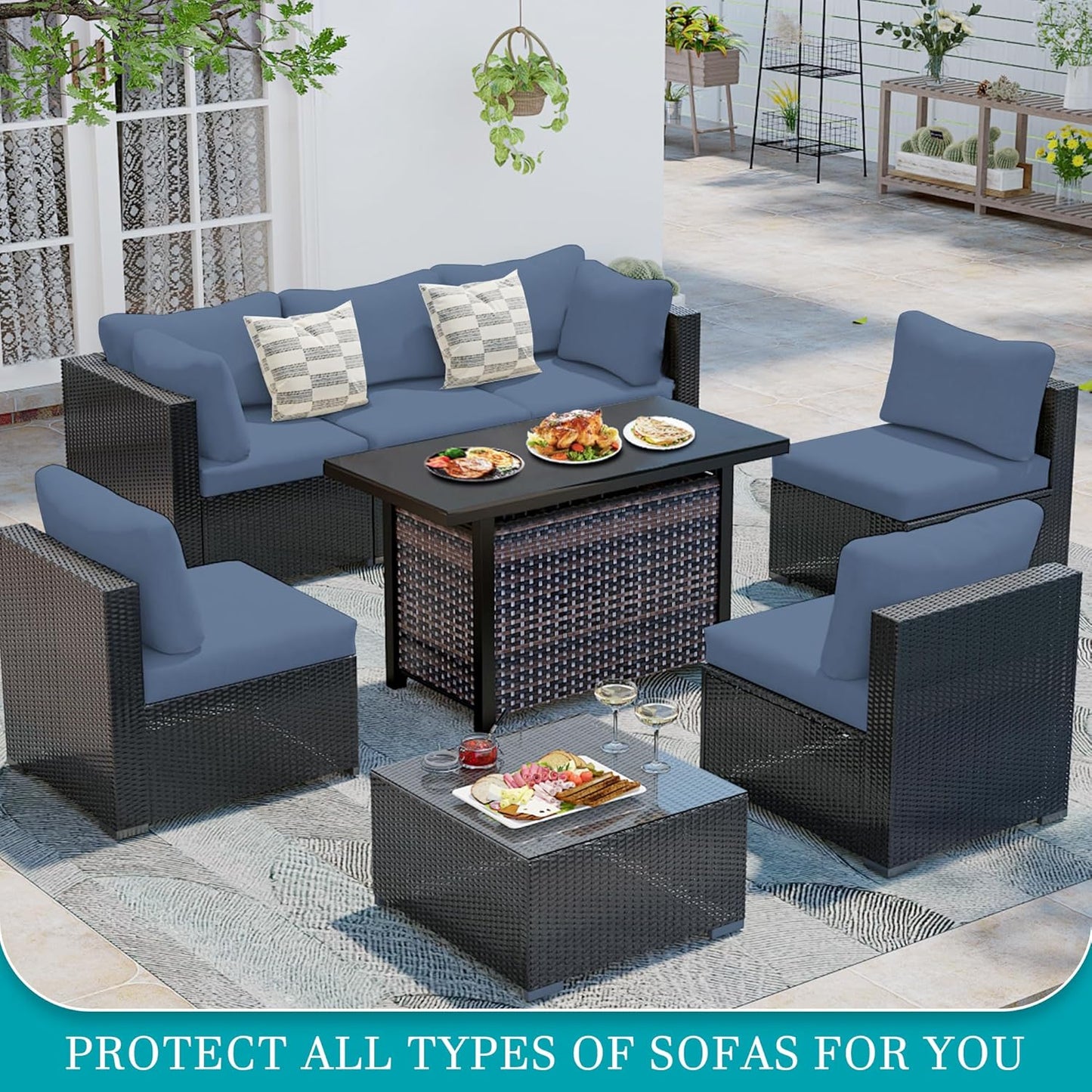 Skiennix 12-Piece Stretch Patio Cushion Covers - Washable Outdoor Sofa Slipcovers | Gray Blue
