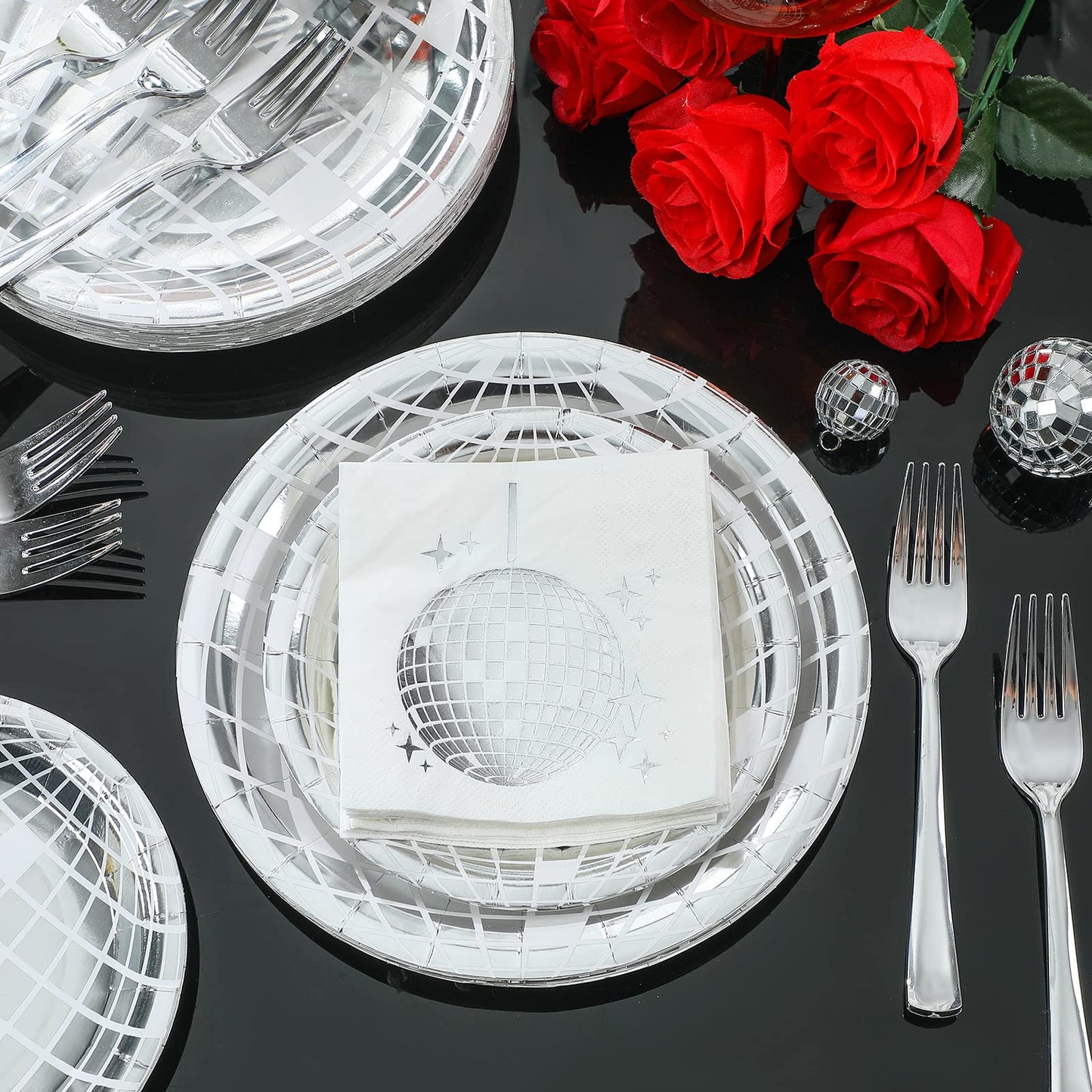 Tanlade 200 Pcs Disco Ball Party Supplies Disco Plates and Napkins Silver Tableware Set for 70s 80s 90s Birthday Rock Roll Dance Music Party 50 Guests