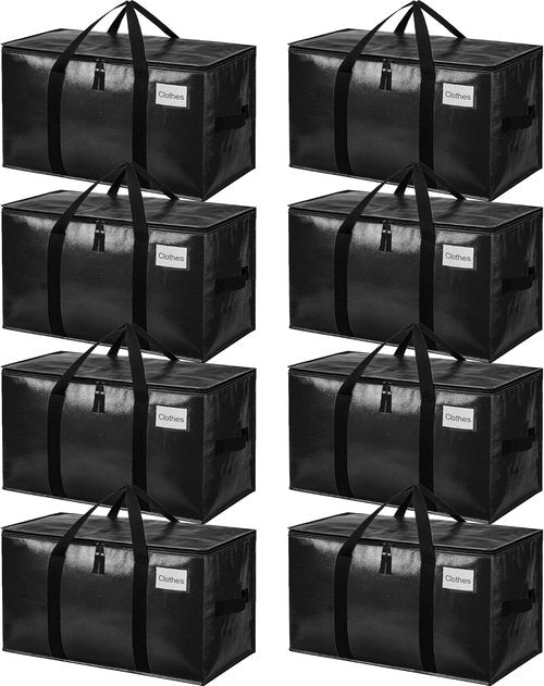 BAGAIL Heavy Duty Moving Bags - Extra Large Storage Totes with Strong Handles | 8 Pack in Black
