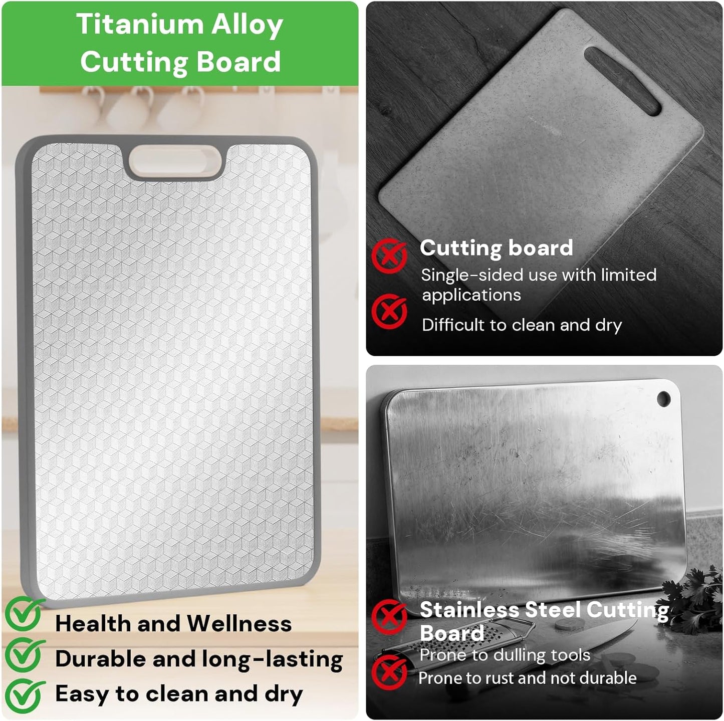 Titanium Cutting Boards - Non-Toxic Double-Sided Food-Grade Kitchen Board | Easy-Clean Large 15.1”x10.4”
