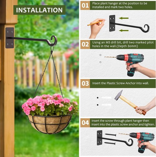 Heavy Duty Plant Hangers - Hand-Forged Wrought Iron Wall Hooks - 12 Inch Black Brackets for Outdoor Plants, Lanterns & Bird Feeders