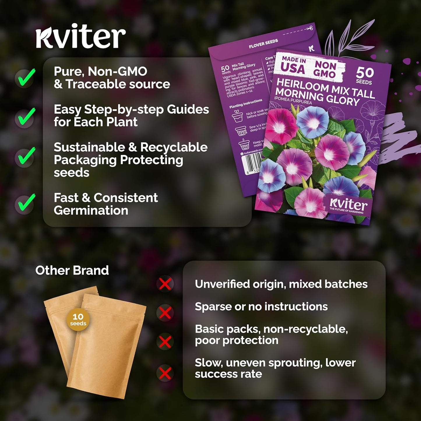 KVITER Morning Glory Seeds Mix - 50 Tall Climbing Flower Seeds for Home Garden & Outdoor Containers