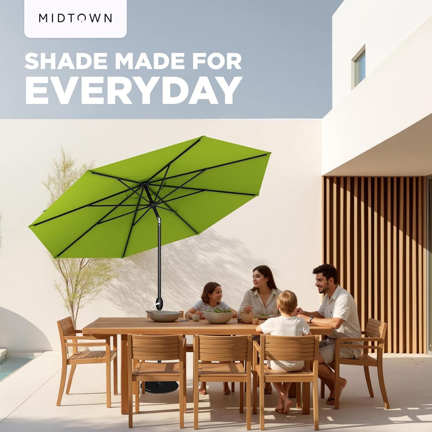 Midtown Umbrellas 9 Ft Patio Umbrella - 10-Year No-Fade Terylast Fabric, Auto-Tilt Frame | Pear Green Canopy, Black Pole