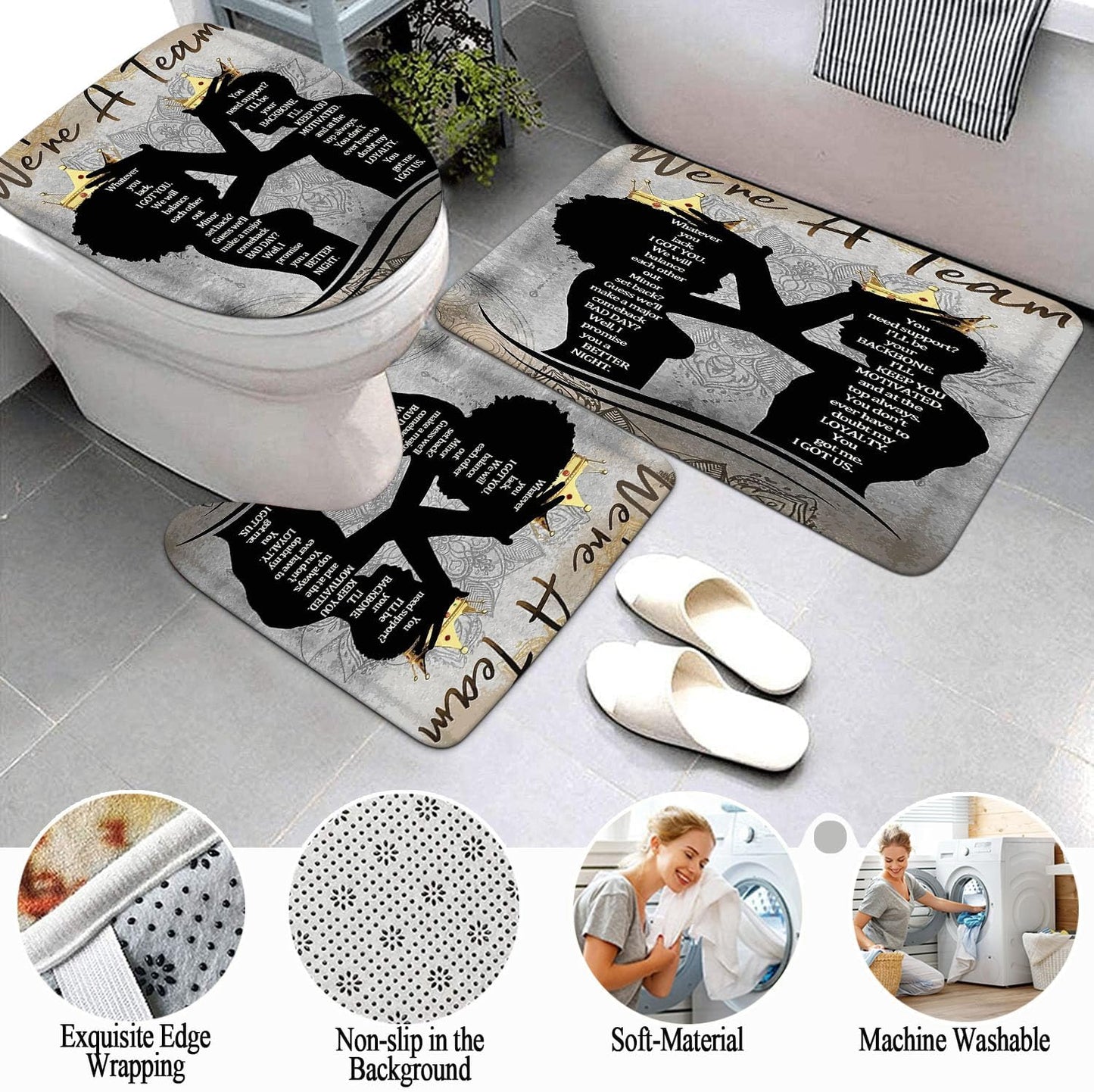 Skiennix Black King Queen Shower Curtain Set - Inspirational Quotes Bathroom Decor | 4-Piece Waterproof Fabric